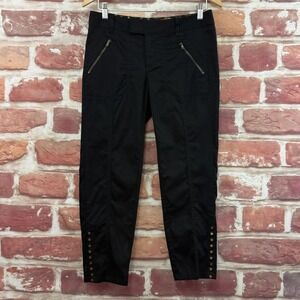 Vintage Cache Pants Womens 6 Plain Black Moto Zip Button Cropped Casual Trousers